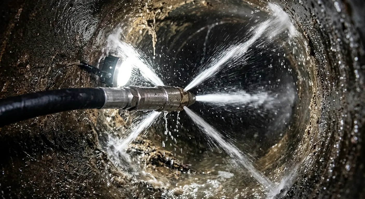 High-pressure hydro jetting nozzle cleaning sewer pipe for Emergency Drain Service in Bern