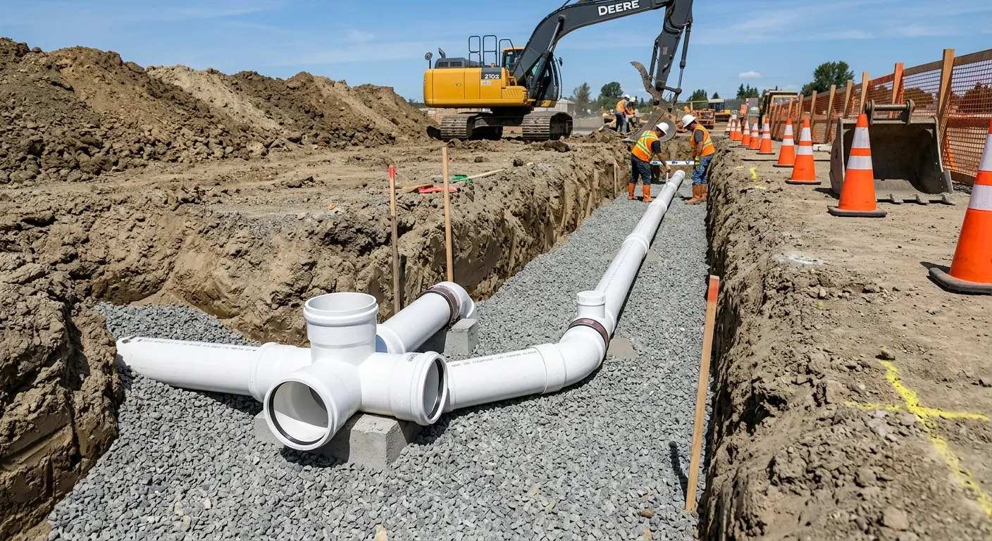 New PVC sewer pipe installation in open trench for Sewer Backup in Bern