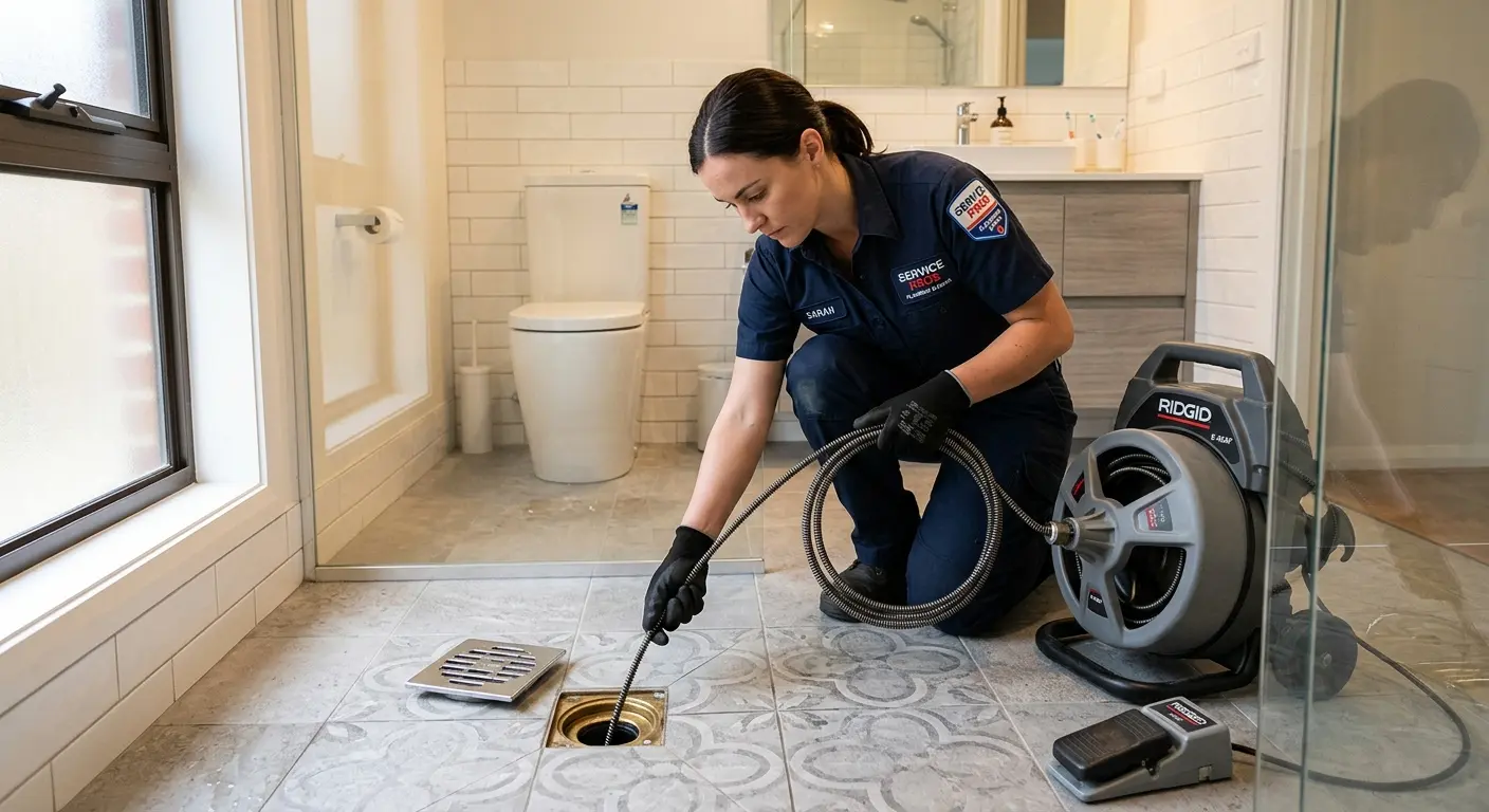 Technician clearing a bathroom floor drain for Clogged Drain Repair in Bern
